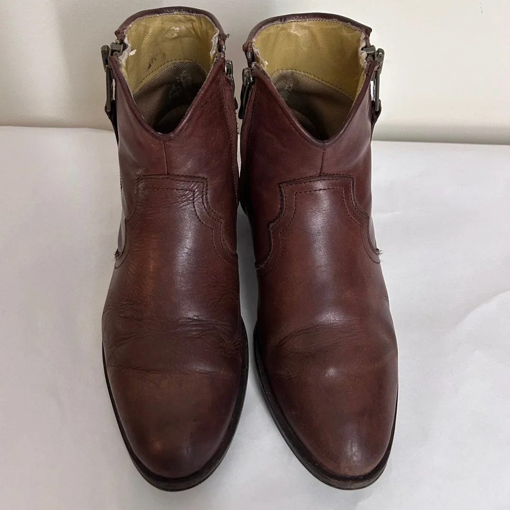 BUSSOLA Brown Leather Ankle Boots Western‎ Style Side Zip Block Heel 38